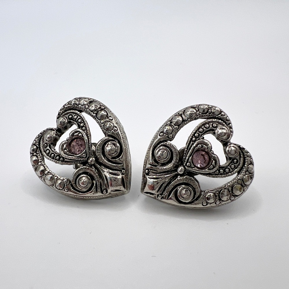 Avon Vintage Silver Tone Heart Stud Earrings Pink‎ Rhinestone Scrollwork Design